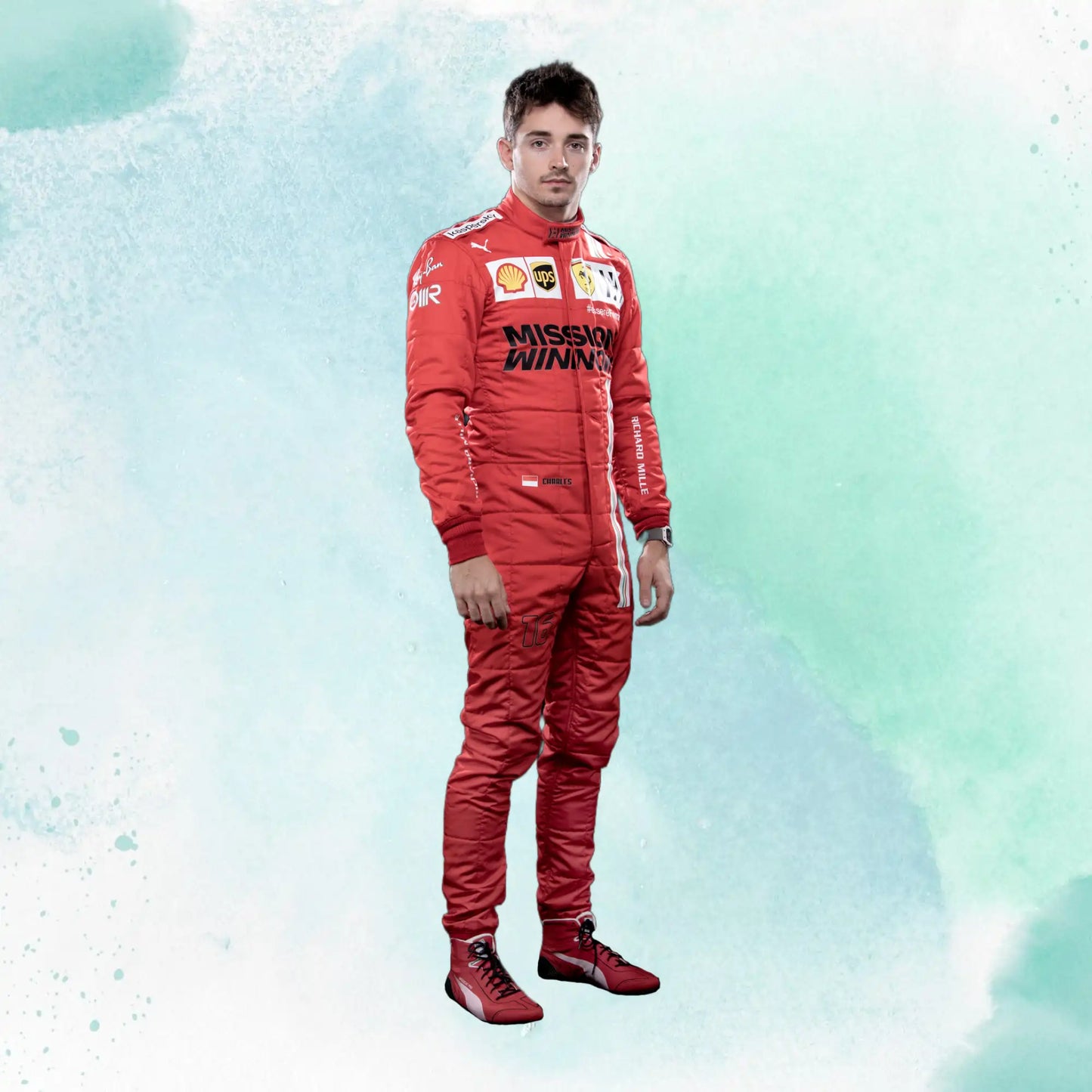 2021 Charles Leclerc Ferrari Replica Racing Suit Formula 1 Team Mission Winnow - view 1
