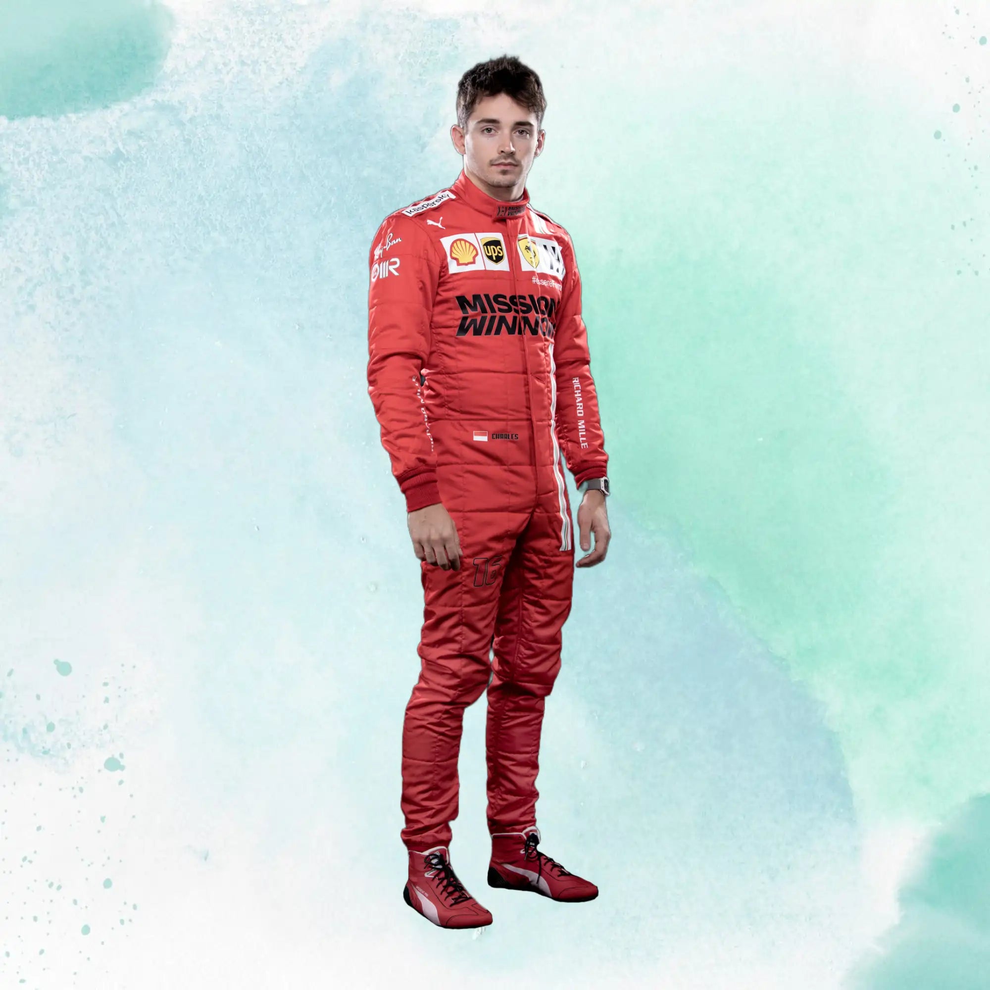 2021 Charles Leclerc Ferrari Replica Racing Suit Formula 1 Team Mission Winnow - view 1