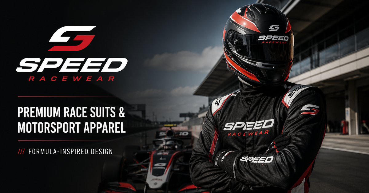 Speed Racewear driver wearing a premium Formula-inspired race suit and helmet beside a race car on a professional motorsport circuit.