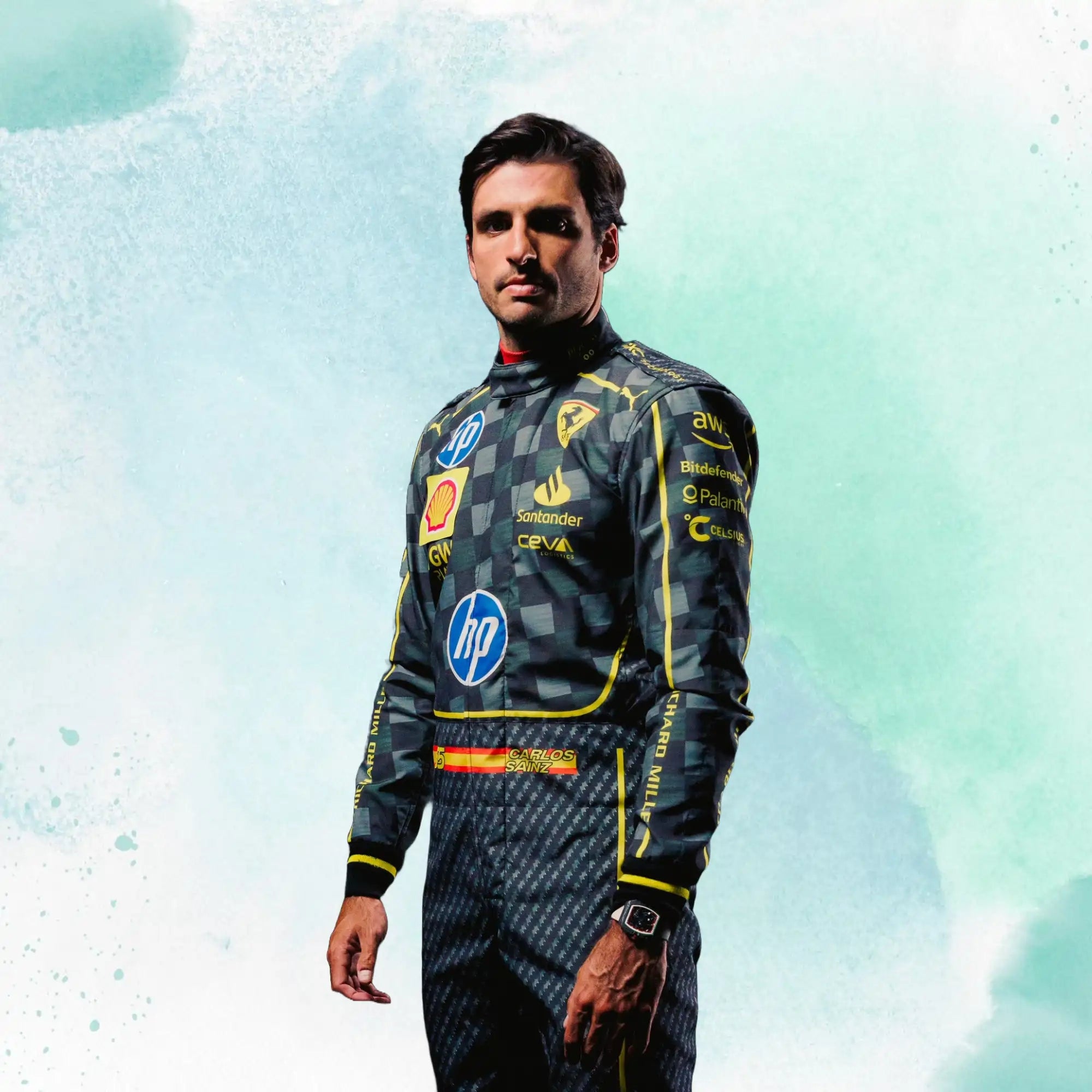 New 2024 Carlos Sainz jr HP Italy GP Scuderia Ferrari F1 Team Replica Racing Suit - view 1