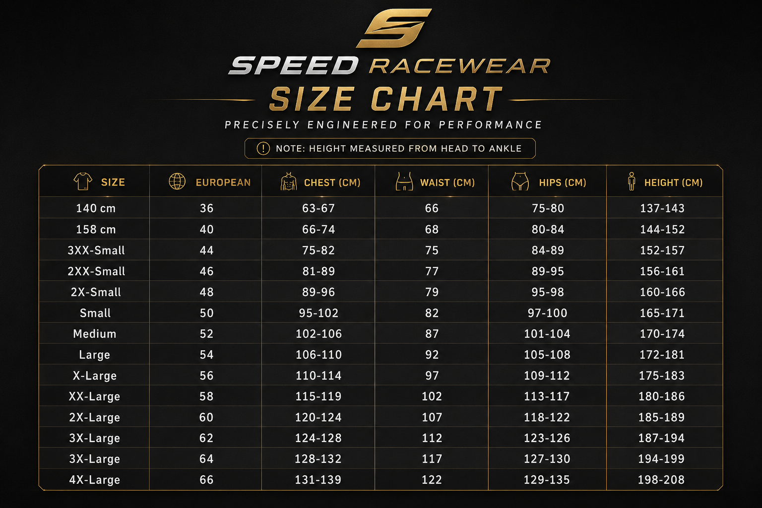 Racing Suit Size Chart